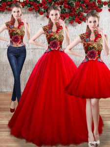 Dazzling Floor Length Lace Up Ball Gown Prom Dress Red for Military Ball and Sweet 16 and Quinceanera with Appliques