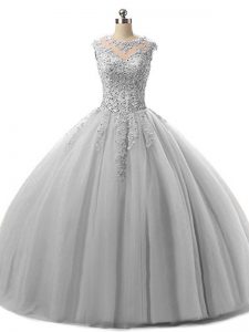 Fashionable Beading and Lace 15th Birthday Dress Grey Lace Up Sleeveless Floor Length