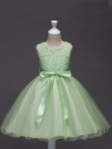 Yellow Green Tulle Zipper Scoop Sleeveless Knee Length Girls Pageant Dresses Lace and Belt