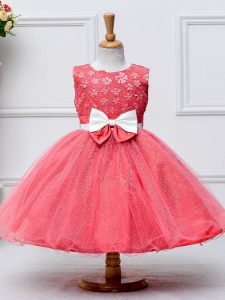 Dramatic Coral Red Little Girls Pageant Gowns Wedding Party with Lace and Bowknot Scoop Sleeveless Zipper