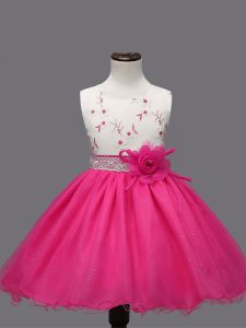 Hot Pink Sleeveless Knee Length Appliques and Hand Made Flower Zipper Little Girls Pageant Dress