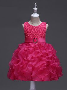 Fancy Sleeveless Lace Up Knee Length Ruffles and Belt Little Girls Pageant Dress