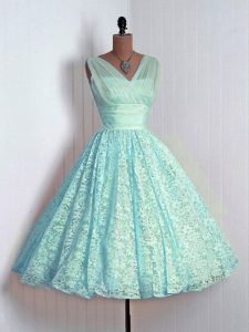 Fabulous Mini Length Lace Up Dama Dress Aqua Blue for Prom and Party with Lace