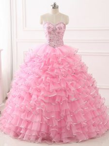 Nice Baby Pink Lace Up Sweetheart Beading and Ruffled Layers Quinceanera Dress Organza Sleeveless Sweep Train