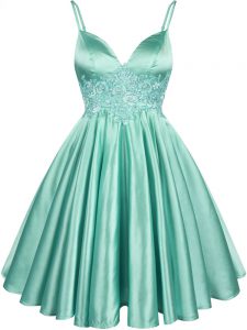 Fitting Apple Green Lace Up Spaghetti Straps Lace Quinceanera Court of Honor Dress Elastic Woven Satin Sleeveless