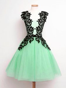 Lace Dama Dress for Quinceanera Apple Green Lace Up Sleeveless Knee Length