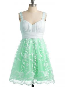 Dazzling Sleeveless Lace Knee Length Lace Up Dama Dress in Apple Green with Lace