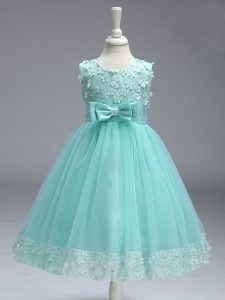 Sleeveless Tulle Knee Length Zipper Pageant Gowns For Girls in Apple Green with Lace and Bowknot