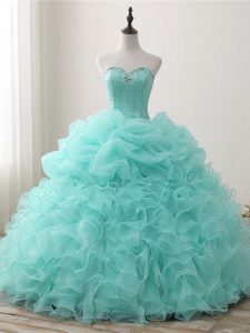 Sophisticated Floor Length Apple Green Quinceanera Gowns Organza Sleeveless Beading and Ruffles and Pick Ups