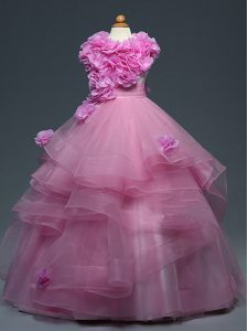 Lilac High-neck Neckline Ruffles and Hand Made Flower Child Pageant Dress Sleeveless Lace Up