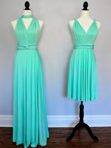 Turquoise Chiffon Lace Up Quinceanera Dama Dress Sleeveless Floor Length Ruching