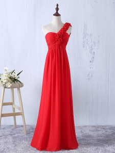 Red Lace Up One Shoulder Hand Made Flower Court Dresses for Sweet 16 Chiffon Sleeveless