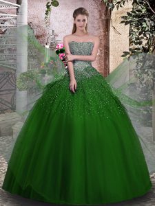 Popular Strapless Sleeveless Tulle Quince Ball Gowns Beading Lace Up