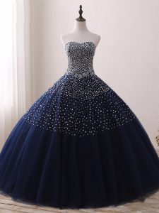 Sweetheart Sleeveless Quince Ball Gowns Floor Length Beading Navy Blue Tulle