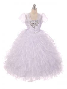 Beading and Ruffles Kids Pageant Dress White Lace Up Sleeveless Floor Length