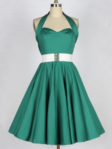 Halter Top Sleeveless Quinceanera Court Dresses Knee Length Belt Dark Green Taffeta