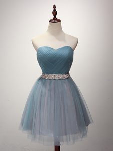 Beauteous Sweetheart Sleeveless Damas Dress Mini Length Beading and Ruching Light Blue Tulle