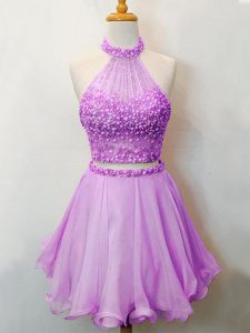 Captivating Lilac Lace Up Halter Top Beading Court Dresses for Sweet 16 Organza Sleeveless