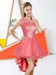 Stunning Bateau Sleeveless Court Dresses for Sweet 16 High Low Beading and Lace Watermelon Red Organza