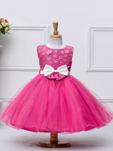 Hot Pink Ball Gowns Lace and Bowknot Kids Formal Wear Zipper Tulle Sleeveless Knee Length
