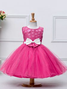 Hot Pink Ball Gowns Lace and Bowknot Kids Formal Wear Zipper Tulle Sleeveless Knee Length