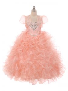 Peach Little Girl Pageant Dress Wedding Party with Beading and Ruffles Straps Sleeveless Lace Up