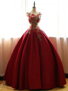 Wine Red Taffeta Lace Up Scoop Sleeveless Floor Length Quinceanera Dresses Appliques