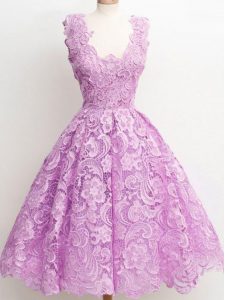 Knee Length Lilac Dama Dress for Quinceanera Lace Sleeveless Lace