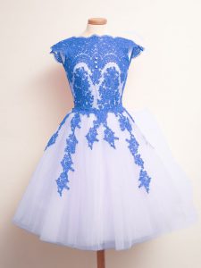 Blue And White A-line Tulle Scalloped Sleeveless Appliques Knee Length Lace Up Dama Dress for Quinceanera