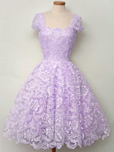 Great Lavender A-line Straps Cap Sleeves Lace Knee Length Lace Up Lace Damas Dress