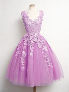 Lilac Tulle Lace Up Court Dresses for Sweet 16 Sleeveless Knee Length Appliques