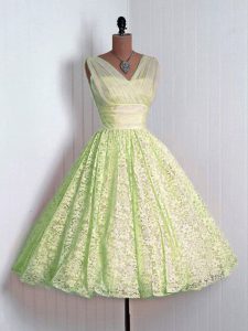 Chic Yellow Green A-line Lace Dama Dress for Quinceanera Lace Up Lace Sleeveless Mini Length