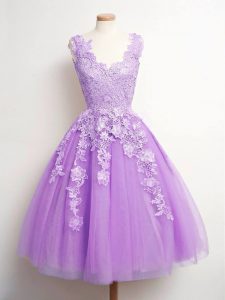 Designer Tulle V-neck Sleeveless Lace Up Lace Dama Dress in Lavender