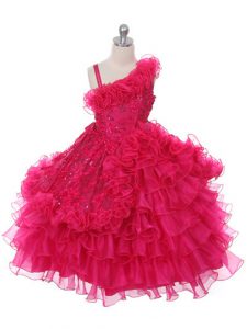 Asymmetric Sleeveless Little Girls Pageant Dress Floor Length Lace and Ruffles and Ruffled Layers Hot Pink Organza