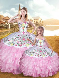 Perfect Rose Pink Organza and Taffeta Lace Up Sweetheart Sleeveless Floor Length Sweet 16 Dress Embroidery and Ruffled Layers