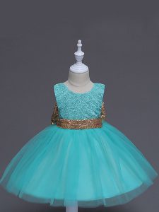 Aqua Blue Little Girl Pageant Dress Wedding Party with Lace and Bowknot Scoop Sleeveless Zipper
