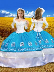 New Arrival Blue And White Ball Gowns Taffeta Off The Shoulder 3 4 Length Sleeve Embroidery and Ruffles Floor Length Lace Up Child Pageant Dress