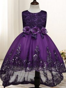 Dark Purple Ball Gowns Tulle Scoop Sleeveless Lace and Appliques and Bowknot and Hand Made Flower High Low Zipper Child Pageant Dress