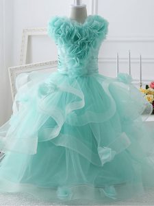 Apple Green Kids Formal Wear Wedding Party with Ruffles and Hand Made Flower High-neck Sleeveless Zipper