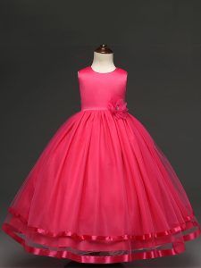 Hot Pink Sleeveless Hand Made Flower Floor Length Kids Pageant Dress