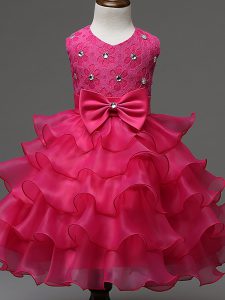 Hot Pink Zipper Little Girl Pageant Dress Lace and Ruffled Layers and Bowknot Sleeveless Knee Length