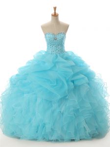Beauteous Organza Sweetheart Sleeveless Lace Up Beading and Ruffled Layers Sweet 16 Dress in Aqua Blue