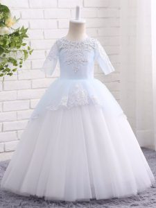 Blue And White Ball Gowns Scoop Half Sleeves Tulle Floor Length Clasp Handle Appliques Little Girls Pageant Dress Wholesale