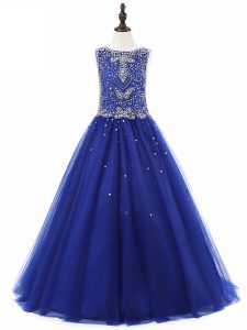 Royal Blue A-line Beading Kids Pageant Dress Lace Up Tulle Sleeveless Floor Length