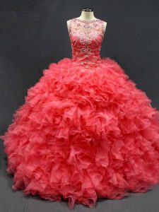 Coral Red Quinceanera Dress Sweet 16 and Quinceanera with Beading and Ruffles Scoop Sleeveless Lace Up