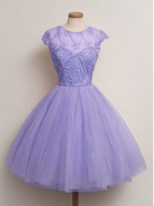 Fancy Lavender Scoop Neckline Lace Court Dresses for Sweet 16 Cap Sleeves Lace Up