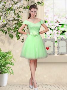 Best Selling Apple Green V-neck Lace Up Lace and Belt Court Dresses for Sweet 16 Cap Sleeves