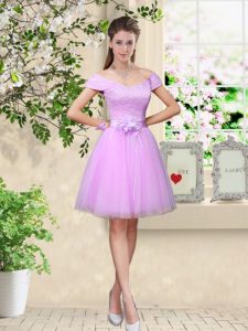 Knee Length Lace Up Vestidos de Damas Lilac for Prom and Party with Lace and Belt