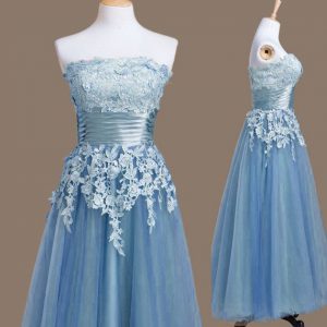 Flirting Appliques Court Dresses for Sweet 16 Blue Lace Up Sleeveless Tea Length
