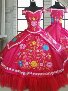 Beading and Embroidery Vestidos de Quinceanera Hot Pink Lace Up Short Sleeves Floor Length